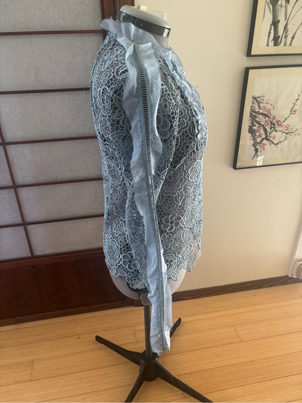 VGUC Self-Portrait Pale Blue Floral Lace Blouse with Organza Ruffles US 8/10 - Picture 2 of 13